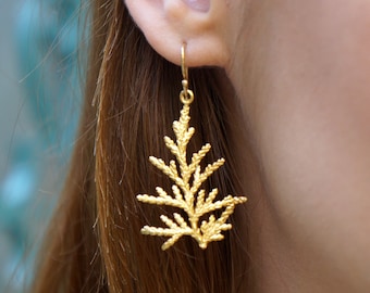 Juniper Mountain Dangle and drop Earrings for women 14k Gold plated on/or Sterling silver from Cypress tree leaf