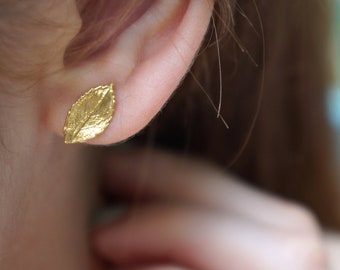 Gold stud earrings leaf, Mini Rose leaf Earrings 14k Gold plated on/ or sterling Silver.