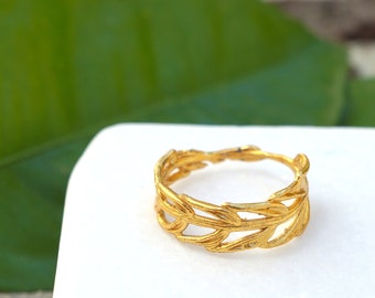 Hoja de anillo de oro macizo para mujer, joyería de oro real de 22 k, 14 k, 9 k de la madre naturaleza... (oro rosa, blanco o amarillo)