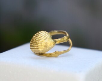 Solid Gold Twig & shell Summer Rings for Women, Real Sea Shell in 22k-18k-14K-9k Gold and Tree twig.