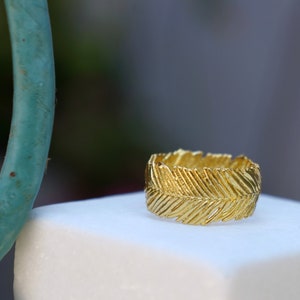 Solid Gold Wide Ring Mimosa leaf ring for Women and Men. Great detailed 14K ,9k, 18k Ring, Real Leaf Ring..(Rose,White or Yellow gold)