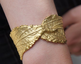 Wide cuff bracelet 14K Gold plated in sterling silver 925 by Real Hibiscus leaf.