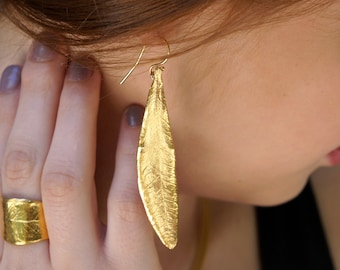 Statement Solid Gold, Real leaf earrings for women. Long Olive Leaf Earrings k18  k14 or k9 by Mother Nature Jewelry