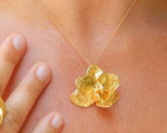 Gold Orchidee Blume Halskette, handgemachte Natur Schmuck, Bio-Wald Anhänger, Geschenk für Verjüngung & Wohlstand, Sterling Silber 925