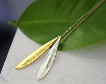 Olive tree Leaf, silver Pendant statement necklace in sterling silver 925 and 14K Gold plated plated leaf with chain.