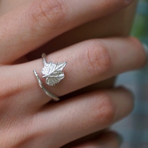 Nature inspired ring Nature Vine leaf Ring with twig in sterling silver, Minimal Real tiny Vine leaf & branch tree, Adjustable or fix size