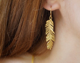 Solid Gold Long Leaf Earrings for Women, Mother Nature Gold Earrings. Special Gift.Acacia tree is symbol of renewal,Fortitude and Pureness