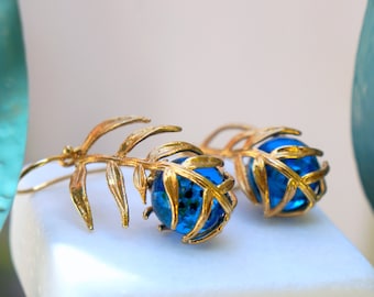 Statement Unique Earrings for Women.  Araucaria Leaf 14k Gold on sterling Silver and Blue Murano inside. Plant earrings by Mother Nature