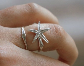 Adjustable Starfish sterling silver ring, Summer inspired Silver jewelry, Beach Wedding Accessories, Rings for Womenbirth flower jewelry