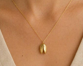 Real Pistachio Necklace, Handmade Minimalist Jewelry, Dainty Organic Pendant, Gift for Wealth & Luck, Gold on Sterling Silver 925