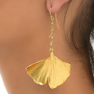 Long Ginko leaf earrings for Women Gold on sterling silver.