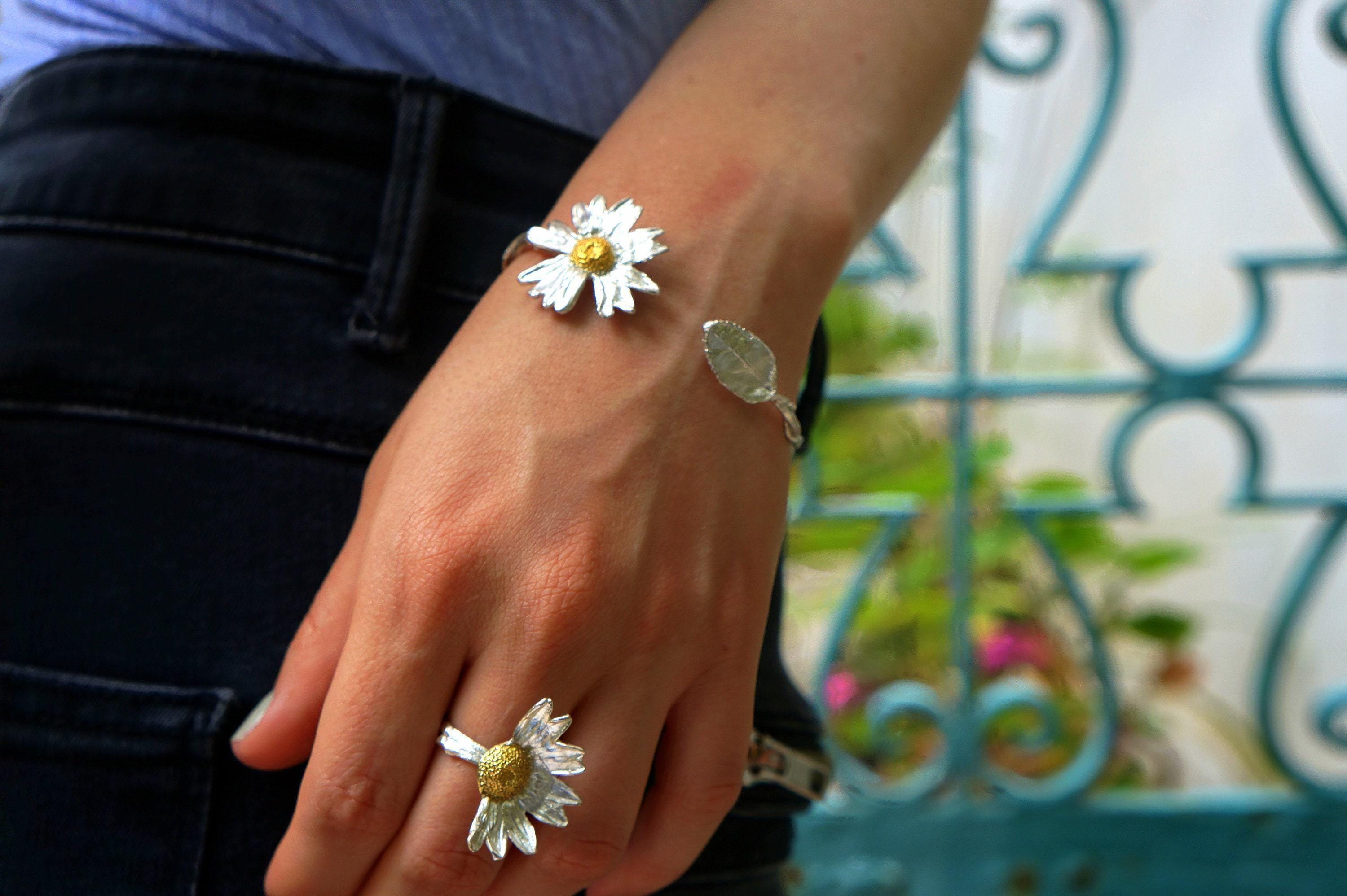 本物のデイジーの花のブレスレット、手作りの自然ジュエリー 