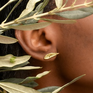 Solid Gold mini Leaf Earrings, Small Real Olive Leaf studs in 9K - 14K - 18K, Tiny naturalist studs by Mother nature jewelry