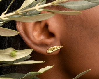 Solid Gold mini Leaf Earrings, Small Real Olive Leaf studs in 9K - 14K - 18K, Tiny naturalist studs by Mother nature jewelry