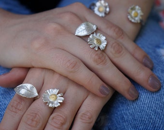 Daisy flower Adjustable ring Twig with branch and Rose tree leaf in Sterling Silver and Gold. By Mother Nature