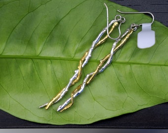 OLIVE BRANCH Earrings in sterling silver. Two tone Long Dangle Olive twig Earrings for nature lovers