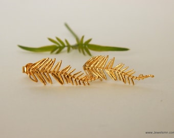 Real Gold Earrings for Women, mimosa pudica Leaf Earrings jewelry in 9K-14K-18K Gold. Mother Minimalist Handmade Nature Jewelry. Earrings