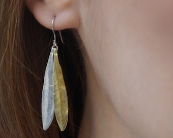 Olive Leaf Dangle earrings for women in Sterling silver 925. Mixed metal earrings.