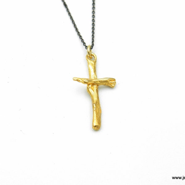 Gold Twig Cross Chain Necklace. Real Olive branch Cross Goldplated on Sterling Silver 925. Olive is symbol of peace, protection & fertility