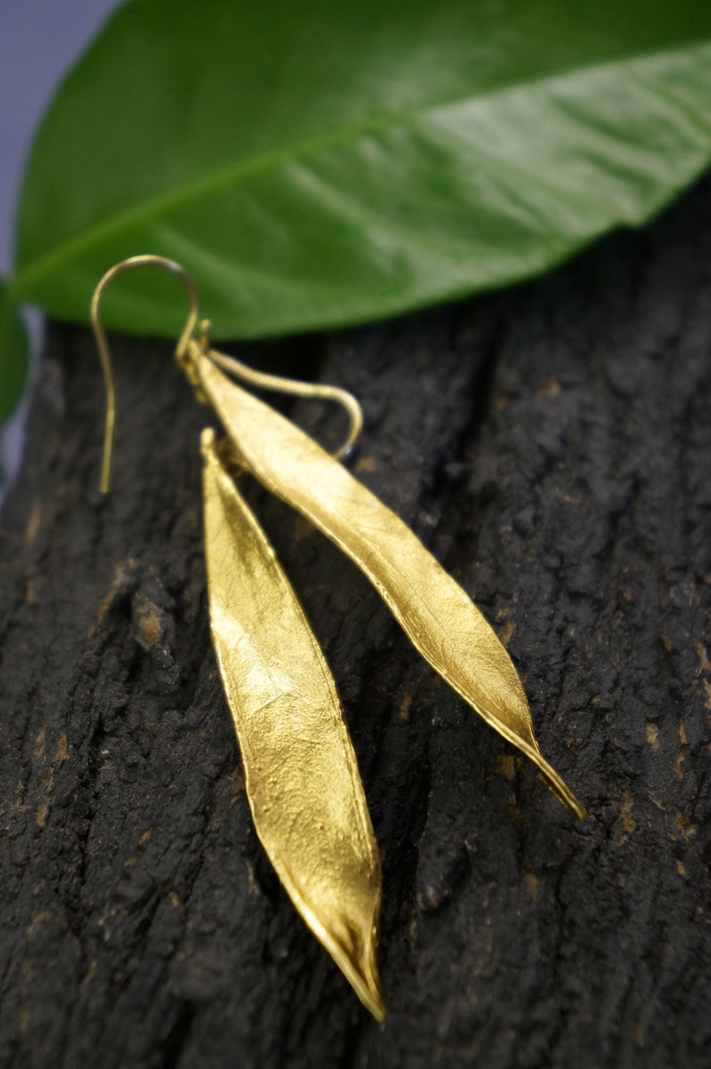 Eco friendly handmade jewelry. Real Olive leaf dangle earrings,14k gold on sterling recycled silver 925.Olive is a symbol of protection... image 3