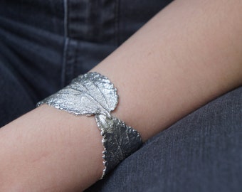 Wide cuff bracelet in sterling silver 925 by Real Hibiscus leaf.