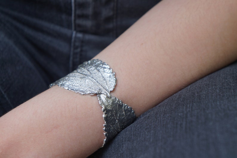 Wide cuff bracelet in sterling silver 925 by Real Hibiscus leaf. image 1