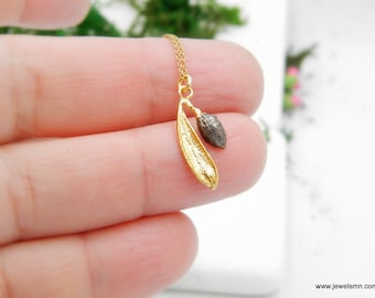 Dainty gold necklace with chain with Real Olive leaf and fruit 14K Gold plated and Black Rhodium on sterling silver