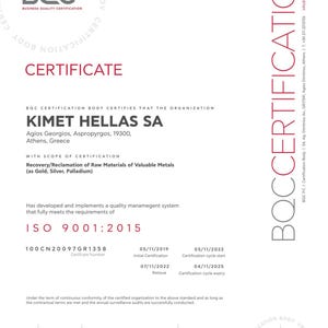 BOC certificate body certification that the organization KIMET HELLAS SA has developed and implements a quality management system that fully meets the requirements of ISO 9001:2015