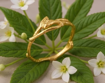 Real Jasmine Branch Ring, Gold Plated Sterling Silver 925 Band, Stack Twig Ring, Handmade Minimalist Jewelry Gift, Birthday Gift for Her