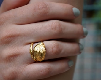 Rose Leaf Ring with twig, 18k Gold plated on sterling silver. Mother Nature Ring for Women - ancient symbol of Love and Beauty