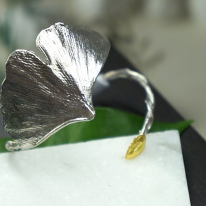 Real Ginkgo Biloba leaf Statement cuff Bracelet with branch on sterling silver 925.Ginkgo is a symbol of hope,peace,endurance and vitality
