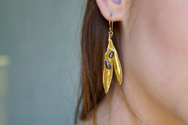 Olive leaf Earrings Gold on Sterling Silver with two Black Rhodium Olive fruits. Nature Lover Earrings from Mother Nature jewelry image 2