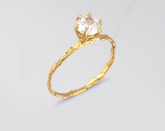 Thin Solid Gold twig promise ring Band for woman. Engagement Solitaire ring 9-14-18K.(Rose,White or Yellow gold)