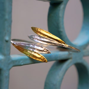 Real Olive Leaf Bracelet for Women, Open cuff bracelet, Sterling Silver and 14K Gold plated bangle,wedding bracelet