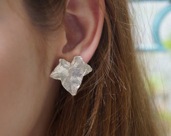 Ivy leaf stud Earrings for Women,  Sterling Silver.