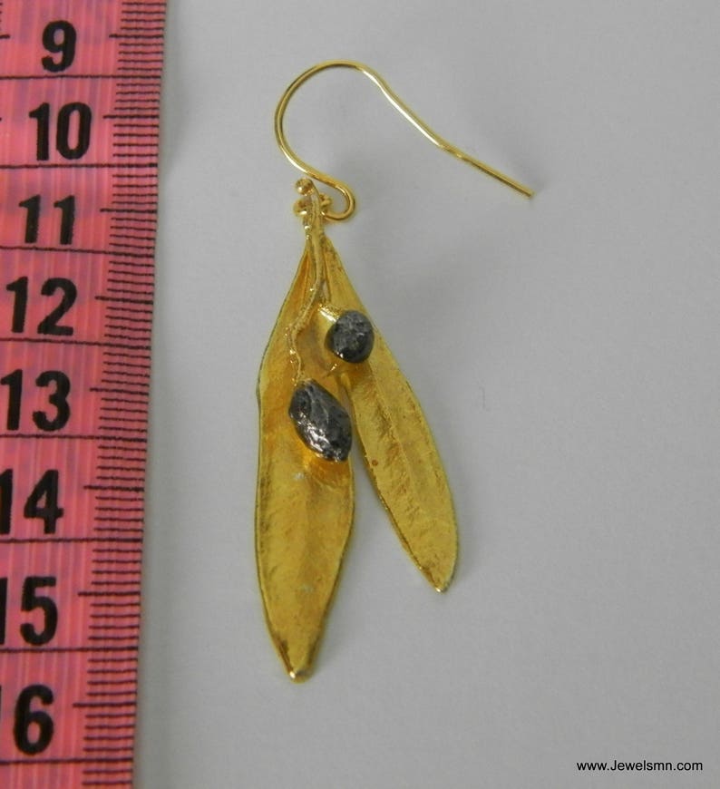 Olive leaf Earrings Gold on Sterling Silver with two Black Rhodium Olive fruits. Nature Lover Earrings from Mother Nature jewelry image 3