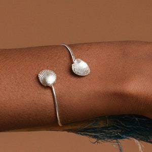 Sterling Silver Seashell bracelet for women, two tiny clams bound on rod, silver 925 or gold plated. simbolize resurrection, good fortune