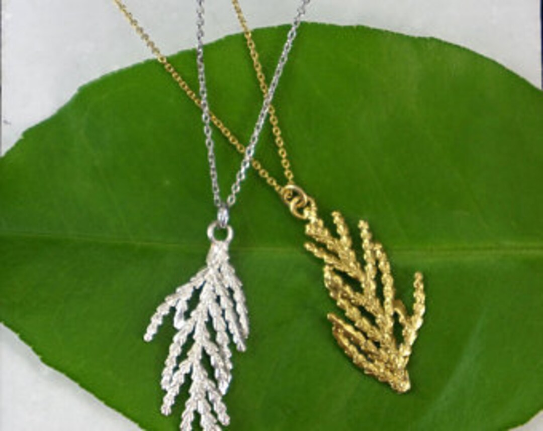 Juniper.solid GOLD Leaf Necklace Jewelry. Cypress Leaf White or Yellow