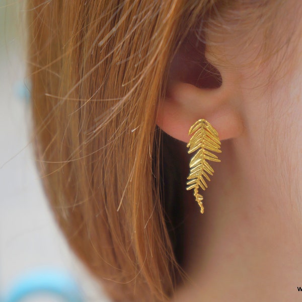 Mimosa Leaf stud earrings.Real Acacia leaves in Sterling Silver 925 or Gold plated . Symbol of renewal, Fortitude and pureness.