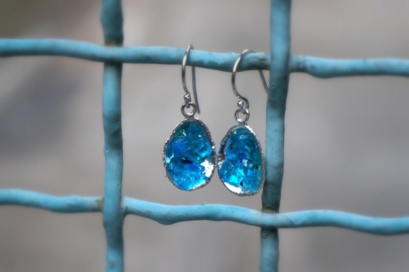 Blue Raw Murano on Sterling Silver Limpet Shell Earrings, Green Dangle Earrings, Best Friend Gift, Mom Earrings, Blue Earrings, Jewelry
