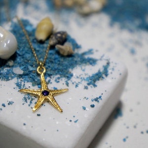 Gold Starfish Pendant With Zircon, Starfish Necklace, 14K Gold plated on Sterling Silver Necklace