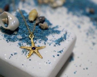 Gold Starfish Pendant With Zircon, Starfish Necklace, 14K Gold plated on Sterling Silver Necklace