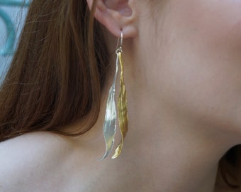 Statement Earrings, Large Real Olive Leaves 14k Gold plated on sterling silver 925, Long two tone Plant Earrings for nature lovers.