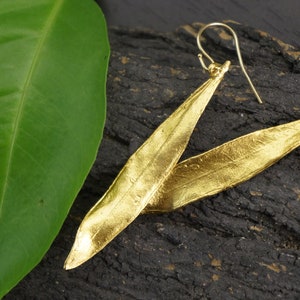 Eco friendly handmade jewelry. Real Olive leaf dangle earrings,14k gold on sterling recycled silver 925.Olive is a symbol of protection... image 5