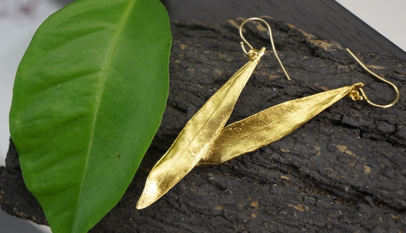 Eco friendly handmade jewelry. Real Olive leaf dangle earrings,14k gold on sterling recycled silver 925.Olive is a symbol of protection... image 5