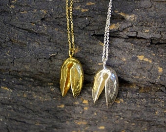 Solid gold Pistachio nut Pendant necklace. 9k-14k-18k White and yellow gold by Mother Nature jewely