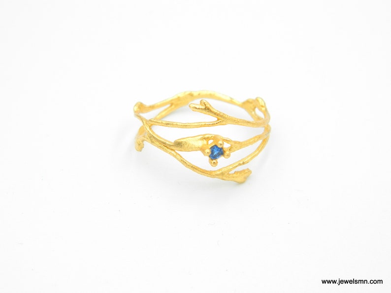 Jasmine plant Wide band branch Ring. Gold plated silver 925 Jasmine. Color zircon Twig ring. Small Diamond shape Lab creative Ethical ring image 2