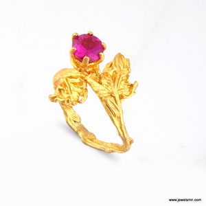Statement Solid GOLD engagement branch ring with Lab diamond stone, Vine Leaf and Twig ring, Alternative promise gold ring 9k 14k 18k