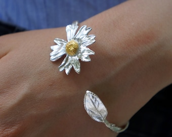 Sunflower leaf sterling silver cuff bracelet, Branch or elastic wire,Real Rose leaf and Daisy Bracelet casting in sterling silver 925