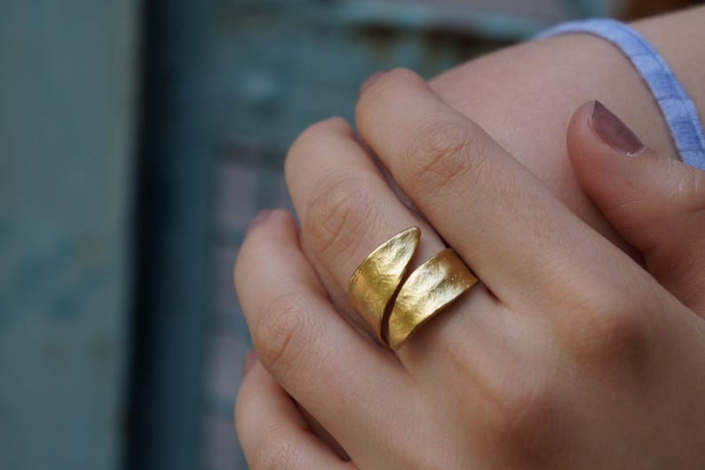 Real Olive Leaf Gold Ring, Handmade Nature Jewelry, Organic Tree Band, Gift for Victory & Health, Eco Sustainable Sterling Silver 925 image 1